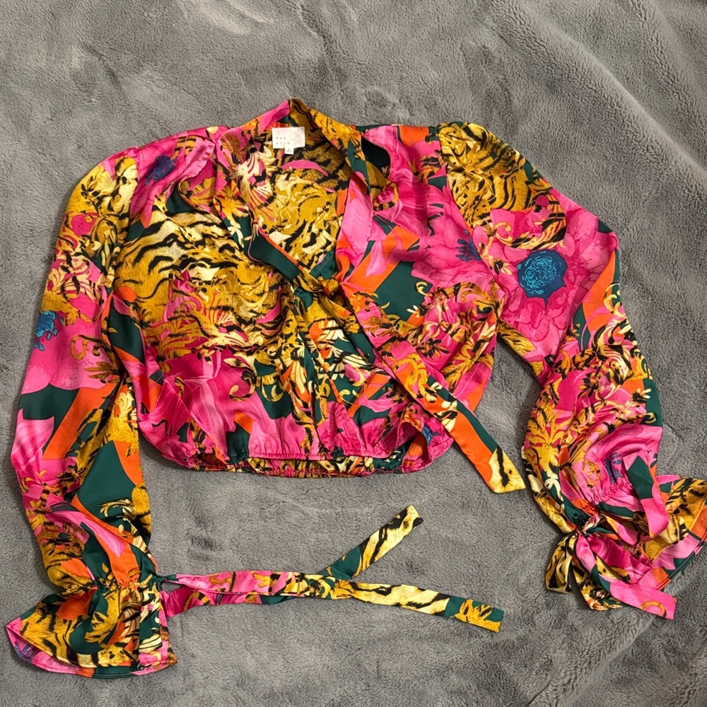 Vibrant Cropped Wrap Blouse with Tiger Print